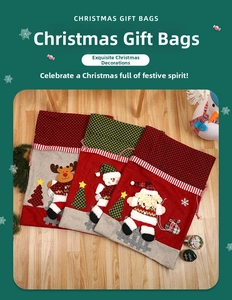 Detailed view of 3D Santa, Snowman and Reindeer felt drawstring Christmas gift bags