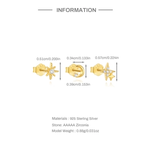 Detailed chart of gold 925 sterling silver star and moon stud earring set with dimensions