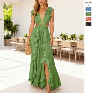 Bohemian Maxi Dress Sexy Deep V Neck Cut Out Waist Ruffle Polyester Vacation Backless Ring Detail Elegant Long Dresses