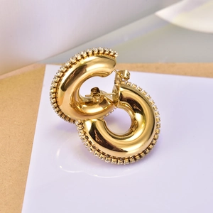 Chic 18K gold-plated C-shaped stud earrings with zircon crystals on a white card