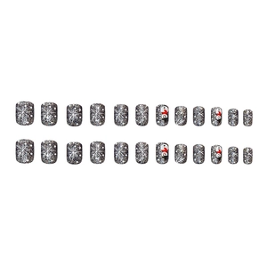 24-piece glitter silver press-on nails featuring cute snowman and white snowflake designs