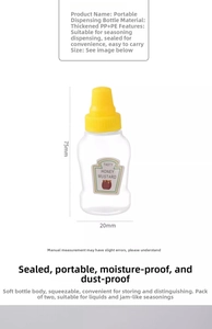 Close-up of portable honey mustard squeeze bottles with yellow caps and clear plastic body