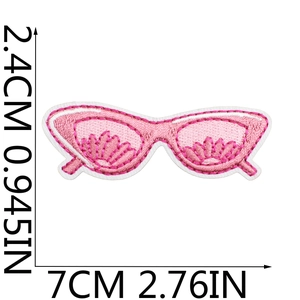 Detailed view of pink cat-eye glasses embroidery patch with precise size measurements