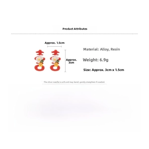 Detail view of red Xi character earrings with small flowers, made of alloy and resin