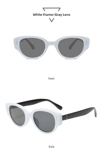 Front and side views of vintage oval cat-eye sunglasses with white frames and gray lenses