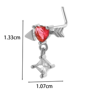 Detailed view of silver L-shaped nose stud with red heart and square zircon charms