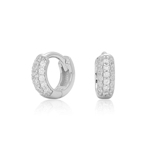 Macro detail of S925 sterling silver huggie earrings with multi-row pavé zirconia stones