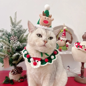 Pet Christmas Collar And Hat Handmade Knit Santa Reindeer Adjustable Bib Accessories For Cats Small Dogs Holiday Decor
