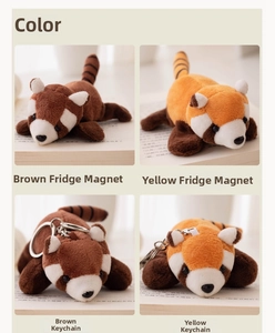Macro shot of cute plush red panda charms in brown and orange colors on book props
