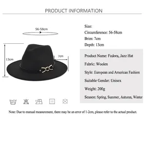 Cappello fedora nero a tesa larga con decorazione a cintura e anello metallico