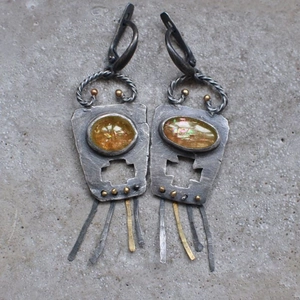 Vintage champagne opal earrings with hollow cross design and metallic silver tassels