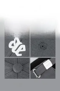 Detailed views of cotton baseball cap with 3D embroidery and adjustable metal buckle