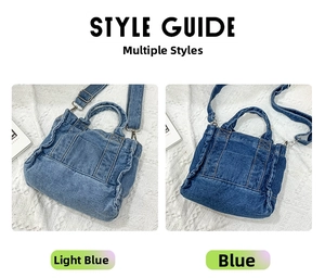 Detail view of light and dark blue denim bags with wavy ruffle edges and contrast stitching