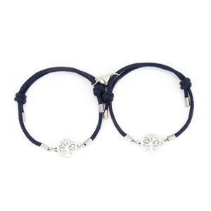 Magnetic couples bracelets with tree of life charm and heart attraction in navy blue