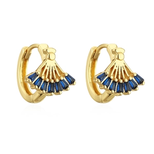 Elegant gold-plated shell-shaped hoop earrings featuring inlaid blue zircon crystals