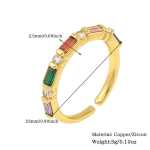 Detail showing 18K gold plated copper ring with colorful zircon stones and dimensions