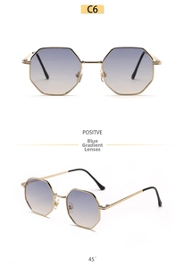 Detail view of octagon metal sunglasses with blue-yellow gradient lenses and gold frame