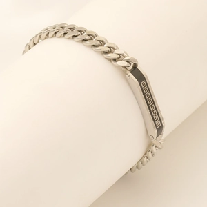 Men's silver-tone stainless steel Cuban chain bracelet with black Greca pattern plate