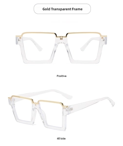 Front and 45-degree side view of stylish square transparent gold-detailed glasses frames