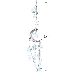 Detail view of a 12.4-inch crystal moon star suncatcher with silver hollow metal accents