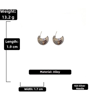Detailed view of silver C-shape hammered earrings with 925 silver needle specifications