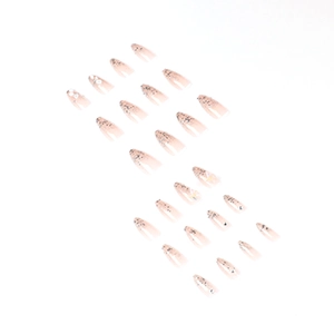 Nude pink gradient press-on nails with silver glitter, almond shape long false nails