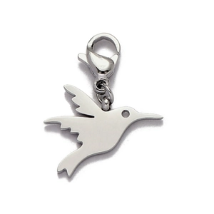 Detailed view of hummingbird stainless steel charm with lobster clasp in silver finish