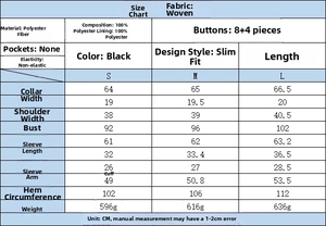 Detailed size chart for navy stand-collar blazer with 100% polyester fabric data