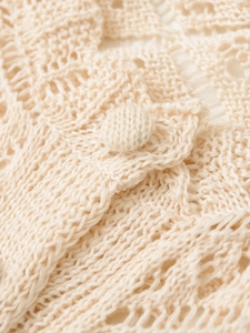 Macro detail of geometric hollow crochet texture and woven button on beige cardigan
