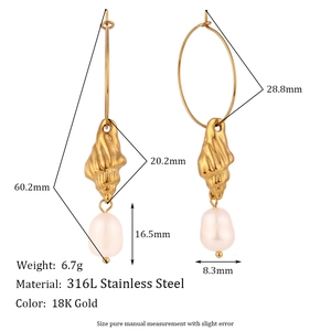 18K gold plated stainless steel hoop earrings with shell and freshwater pearl drops