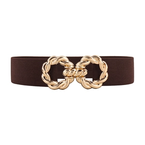 Deep brown elastic waist belt with gold interlocking metal buckle for stylish winter coats