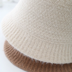 Winter fluffy knit bucket hat in beige and brown with soft mohair texture