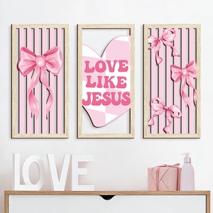 Three-piece bohemian pink bow and heart wooden wall art set with Love Like Jesus text
