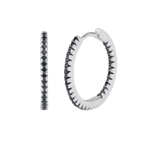 Detailed view of S925 silver hoop earrings featuring pavé-set black cubic zirconia stones