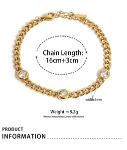 Detailed specs of gold Cuban chain bracelet with three round cubic zirconia and lobster clasp