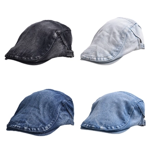 Classic denim flat cap set in four colors with washed fabric and top stitching detail