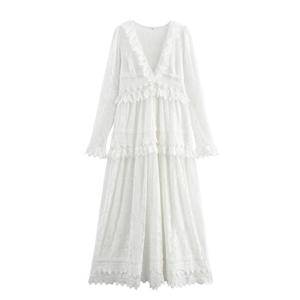 Robe Longue Élégante En Dentelle Brodée Style Français Col En V Manches Longues Taille Haute Vacances Blanc Femmes