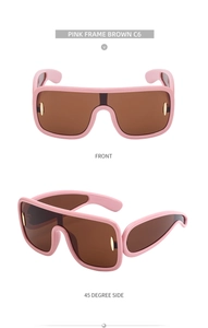 Front and 45-degree side views of pink frame sunglasses with brown lenses C6