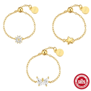 S925 Sterling Silver Butterfly Star Flower Adjustable Chain Ring For Women Gold Plated Zirconia Dainty Jewelry Finger Ring