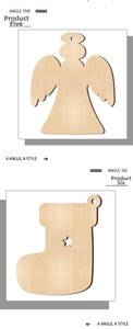 Detail of laser-cut wooden Christmas tree ornaments featuring angel and star-sock shapes