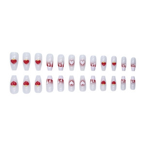 Summer sweet press-on nails with red hearts and dripping effect 24pcs set