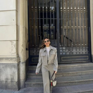 Women Casual Solid Color Woven Polyester Cropped Jacket And High Waist Straight Leg Pants Two Piece Suit Daily Streetwear