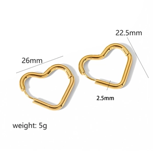 Golden heart-shaped stainless steel hoop earrings with 26mm width and polished finish
