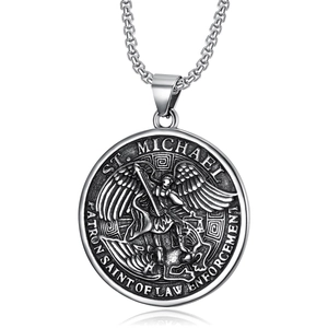 Silver St. Michael Archangel pendant necklace with Law Enforcement Patron engraving