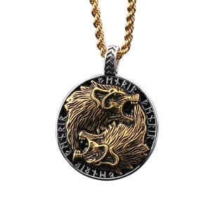 Nordic Viking wolf medallion necklace in gold and silver finish with runic engravings