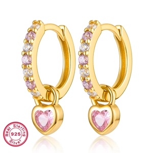 Elegant 925 sterling silver heart earrings with pink zircon stones in a gold finish