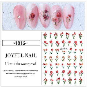 Detail of red tulip nail art stickers with ultra-thin waterproof floral patterns