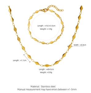 Detailed size specifications for the gold geometric diamond link necklace and bracelet set