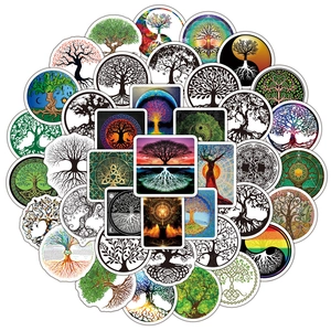Set of 50 tree of life stickers for laptops and skateboards with artistic patterns