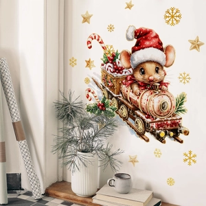Weihnachts Wandaufkleber Heißprägen Goldfolie PVC Wasserdicht Cartoon Hochlandrind Maus Zug Weihnachtsmann Schneeflocken Für Deko